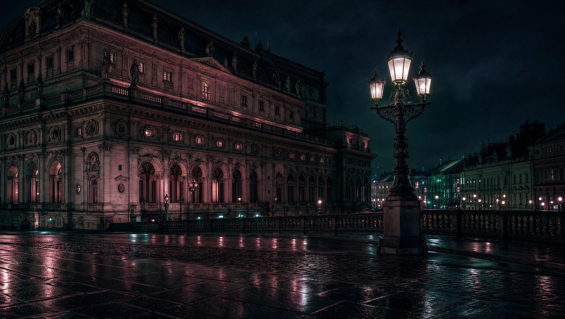 Night view of an imperial-era building and lit street lamp along the Vienna to Budapest train route