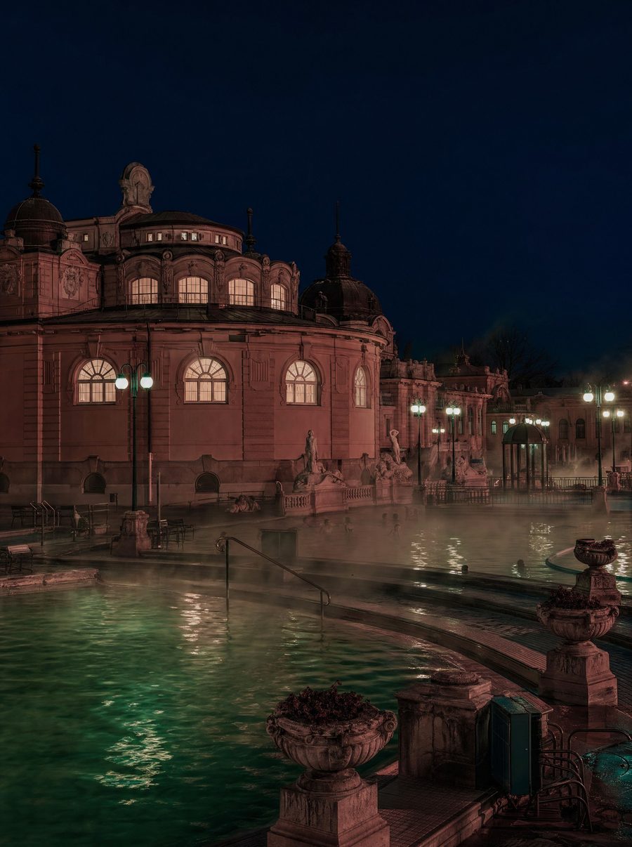 Széchenyi thermal baths, Budapest, at night with steam rising